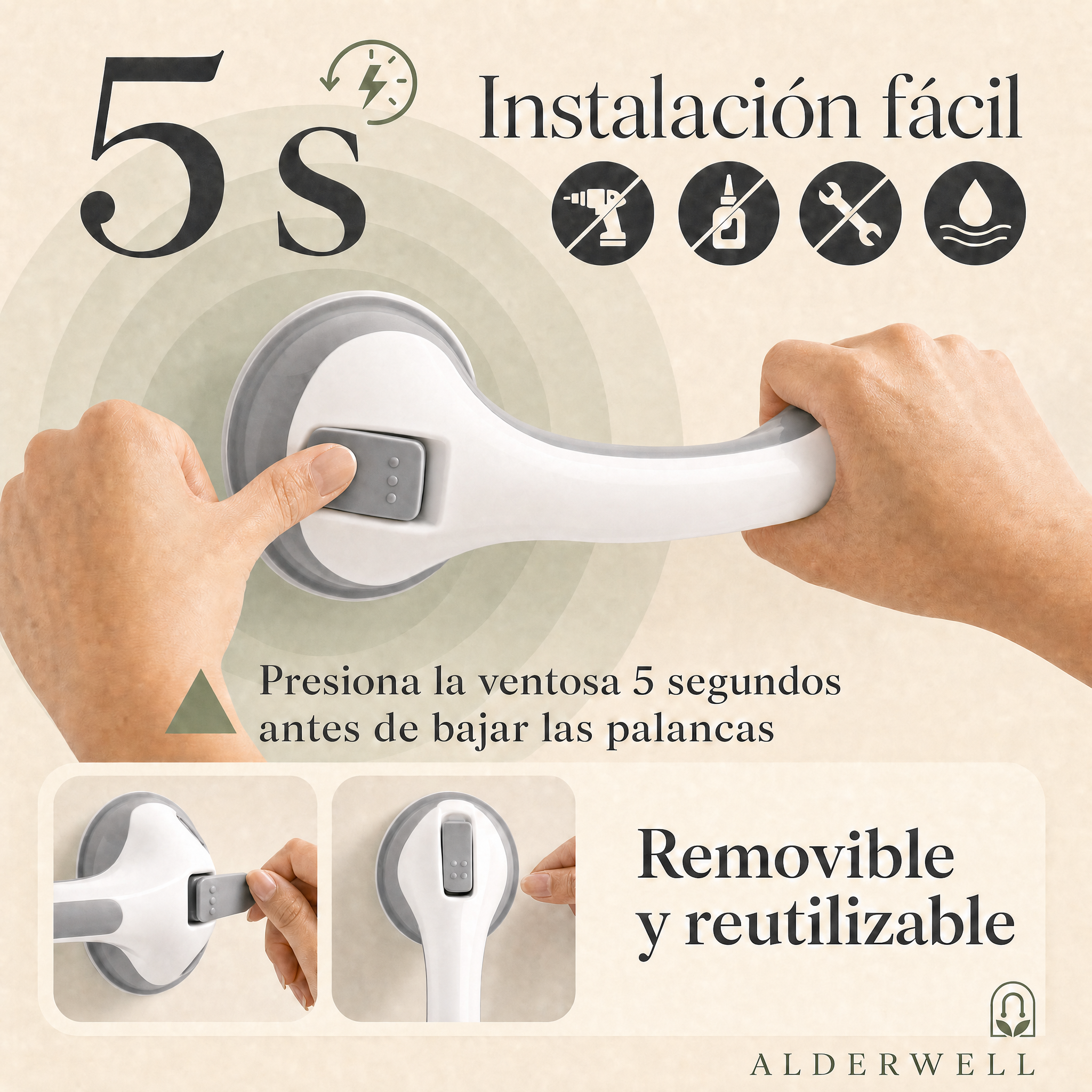 Barra de Apoyo Alderwell con Ventosa — Kit Baño Blindado